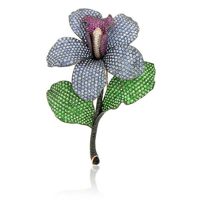 Zorab Atelier de Creation Tiger Lily Flower brooch in gold and silver, featuring black diamonds, blue sapphires, pink sapphires, tsavorite garnets and white diamonds.