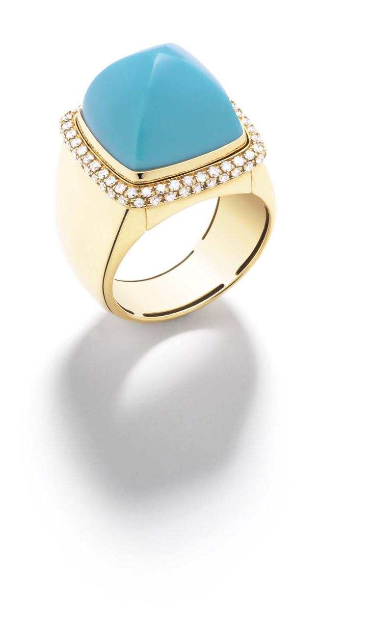 FRED Pain de Sucre ring in gold with diamonds, with an interchangeable turquoise cabochon.