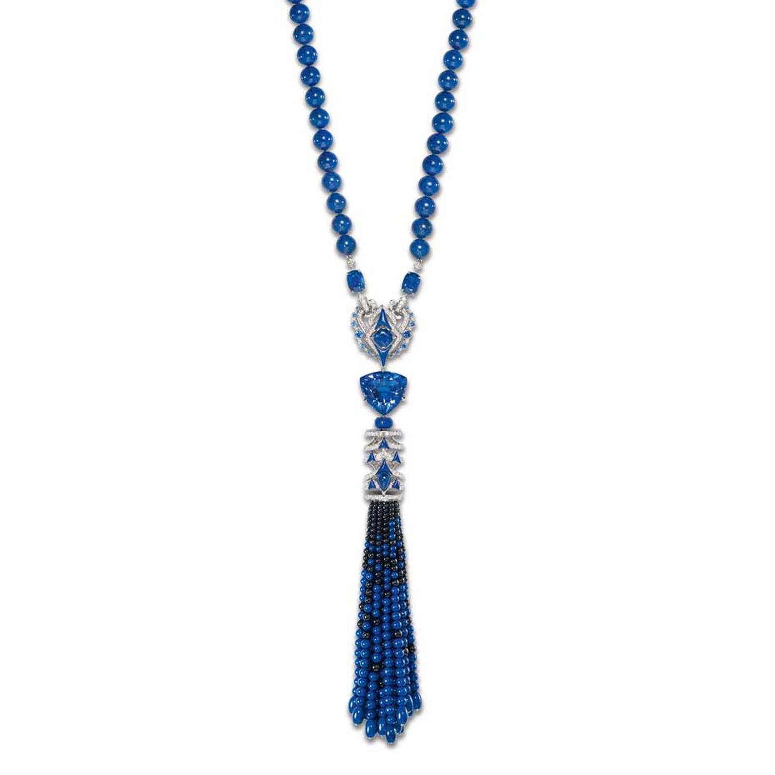Chaumet Lumières d'Eau collection diamond necklace embellished with a pompom of graded lapis lazuli and black spinels.