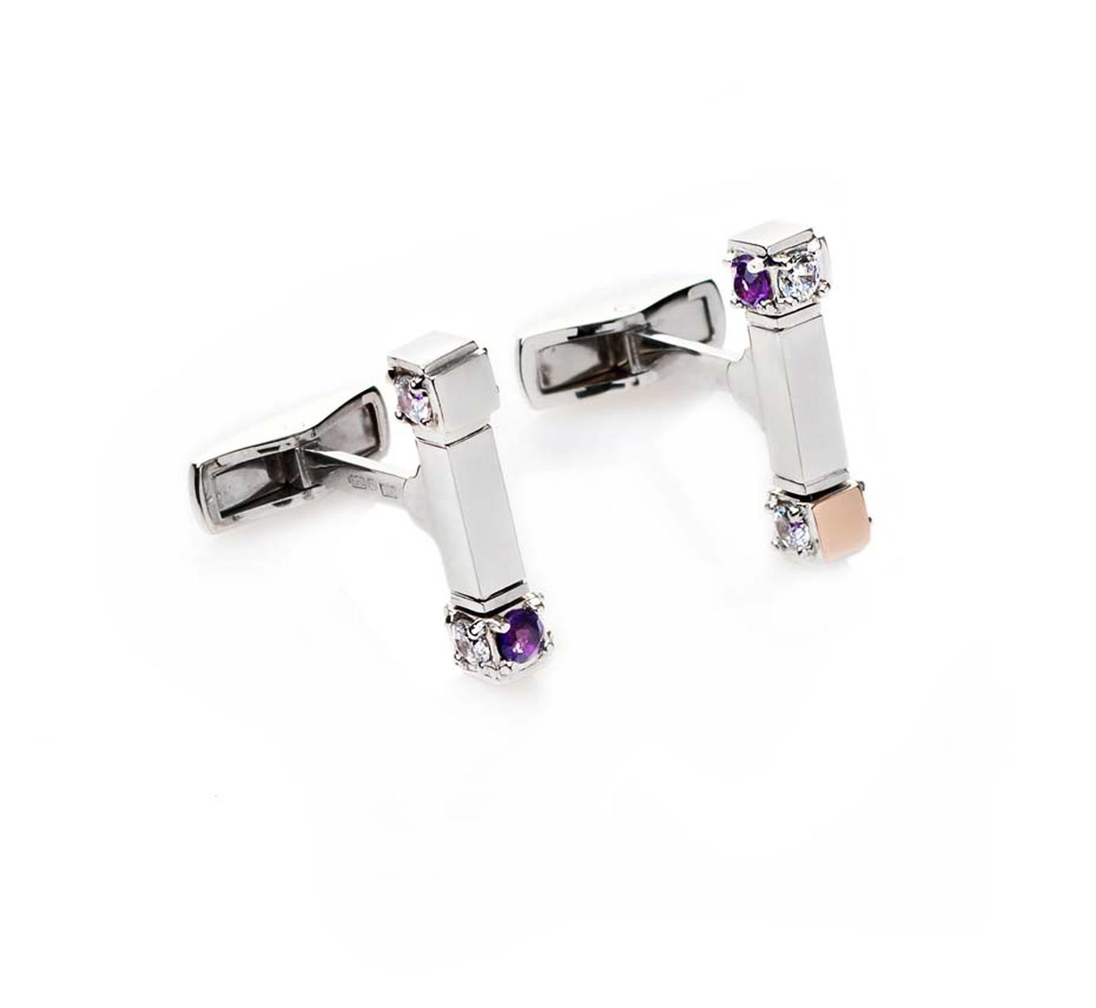 MyriamSOS' cufflinks with amethysts and diamonds can be adjusted thanks to the rotating tops, which spin round four times to create different looks.