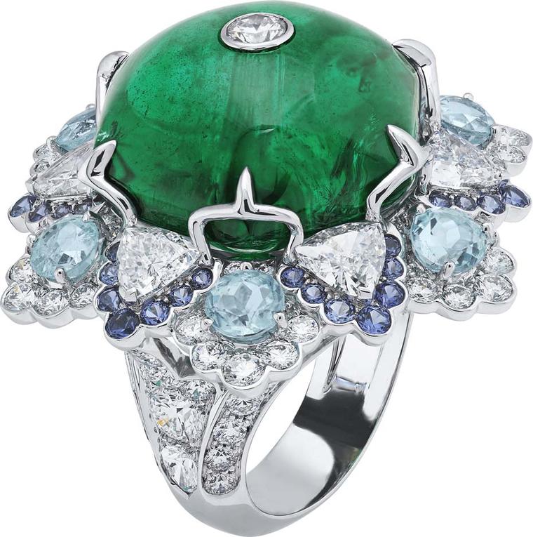 Van Cleef & Arpels Peau d'Ane Childhood Castle collection Love, Love ring in white gold with a 28ct central emerald cabochon, round, pear and trillion-cut diamonds, Paraiba tourmalines and purple spinels.