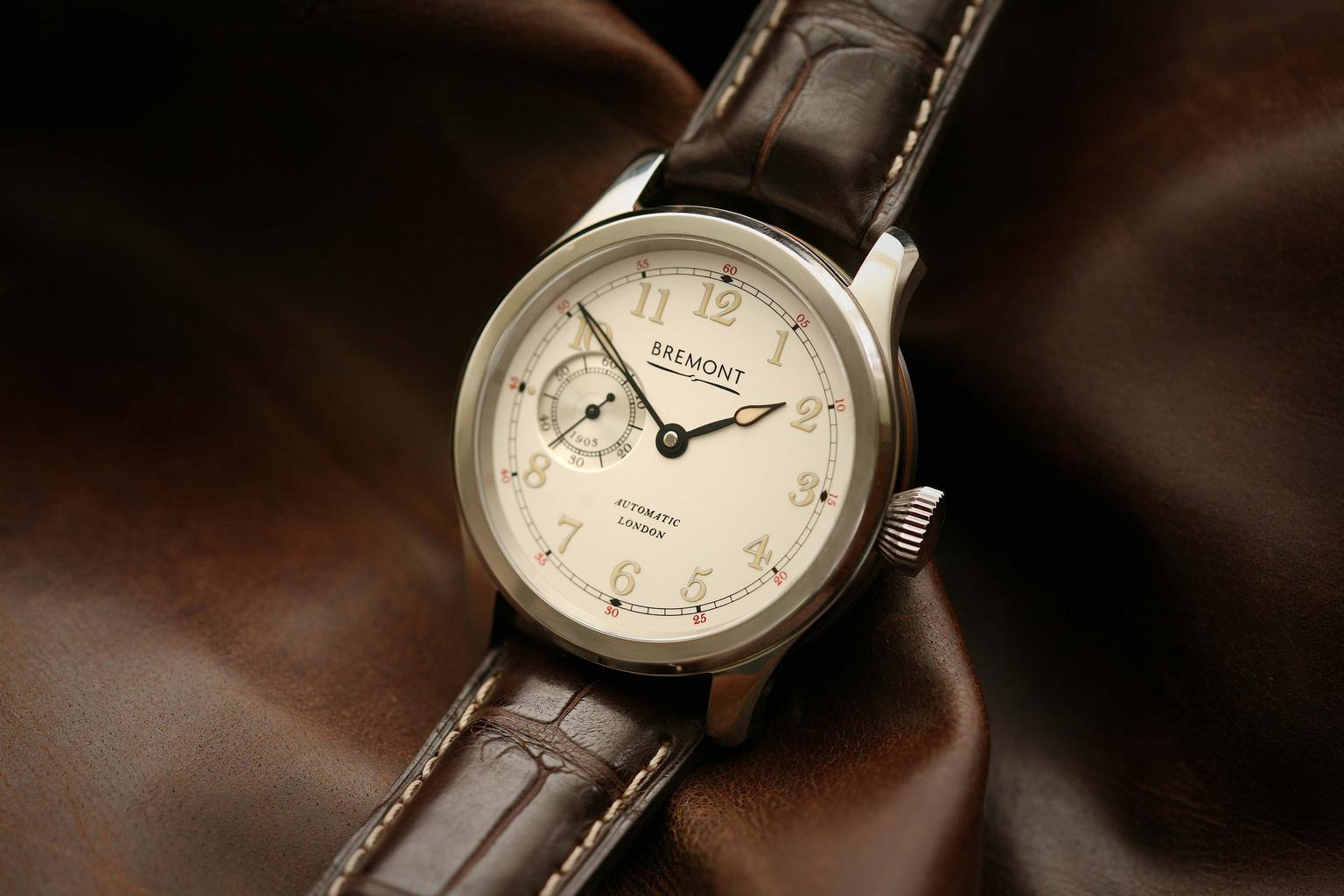The white gold model of Bremont's new Wright Flyer watch with a white dial, limited to 50 pieces.