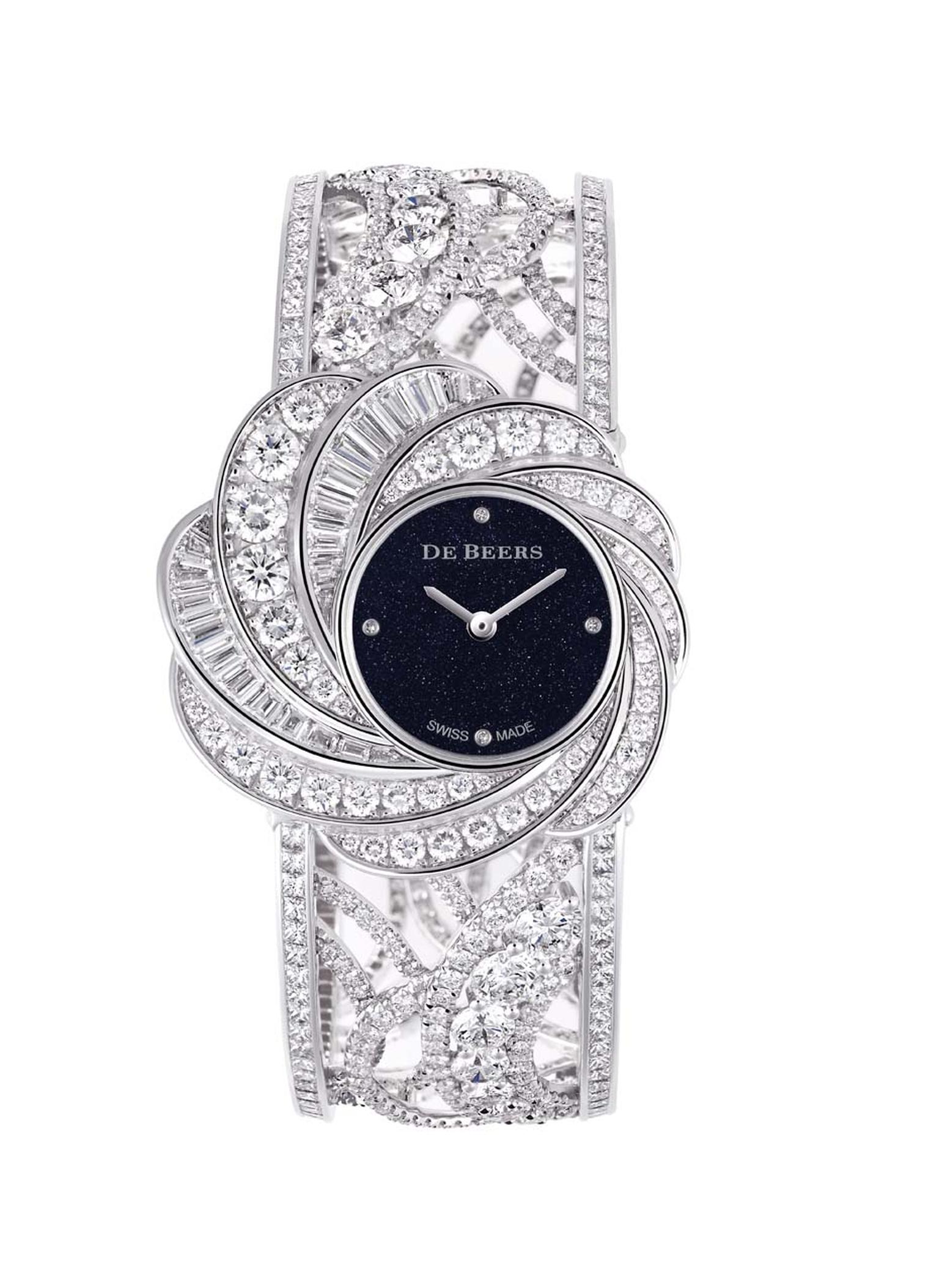 De Beers Aria High Jewellery Unique watch featuring an aventurine dial and pavé, brilliant and baguette-cut diamonds.