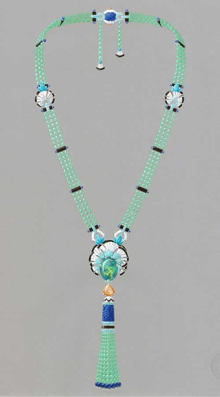 Van Cleef & Arpels Palais de la chance High Jewellery collection Lucky Legends Everlasting Light necklace featuring white gold, chrysoprase, Mandarin garnets, lapis lazuli, sapphires, diamonds, tourmalines, onyx, turquoise, emeralds and one 23.64ct. caboc