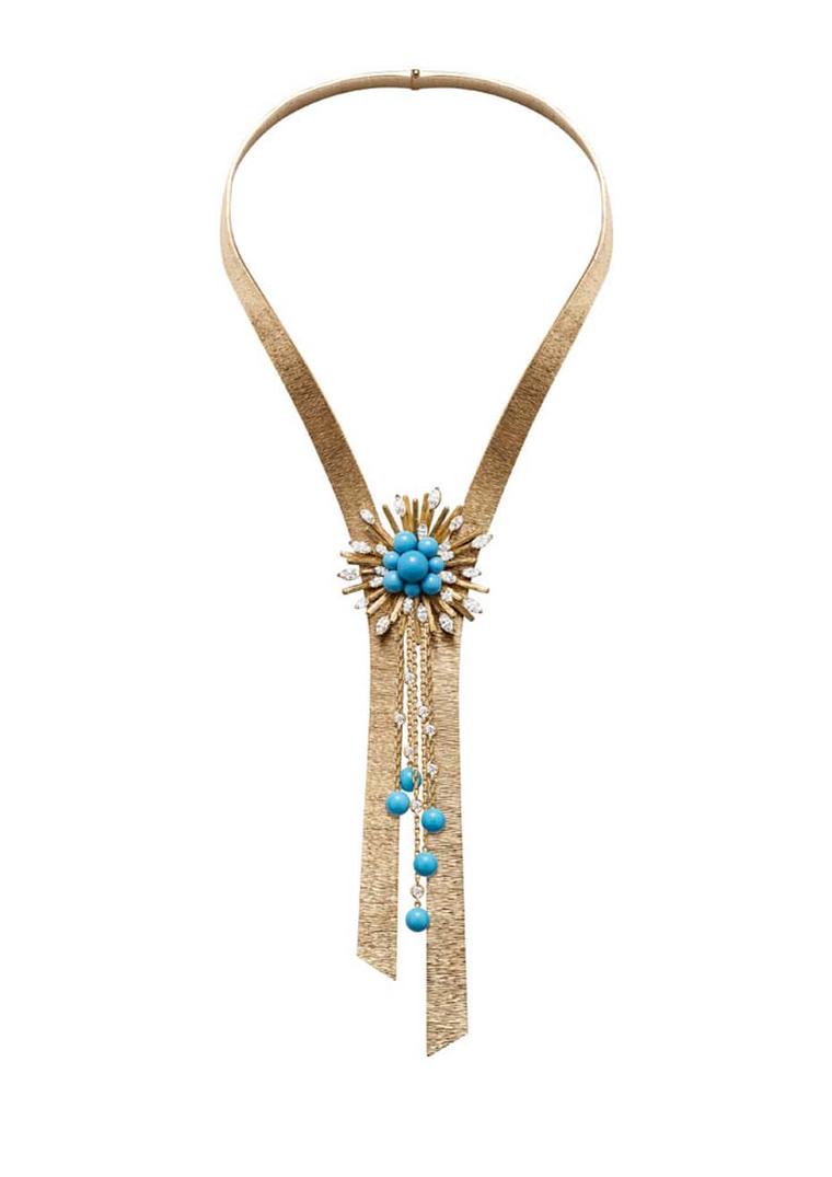 Extremely Piaget Palace necklace in pink gold set with marquise and brilliant-cut diamonds and turquoise beads, which shines with the optimism and girl power of the 1970s.