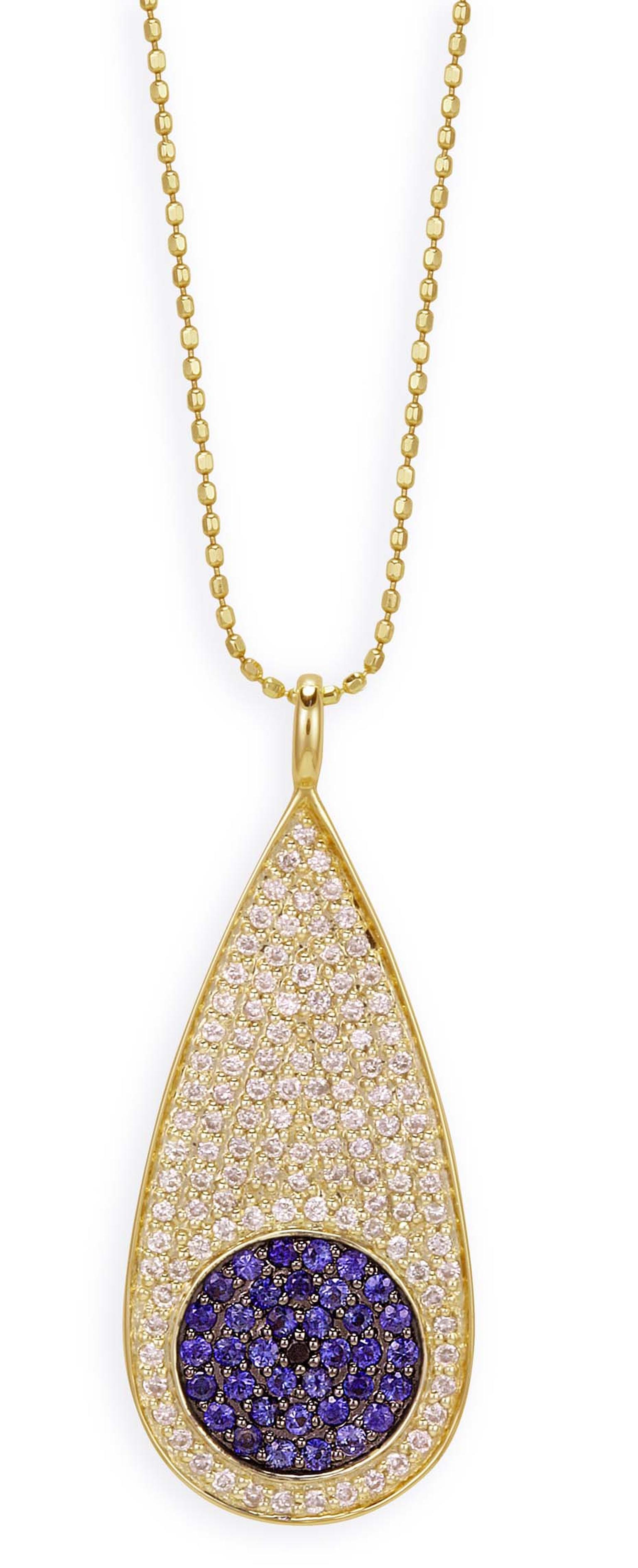 Sydney Evan yellow gold Teardrop Evil Eye necklace featuring pavé blue sapphires and diamonds.