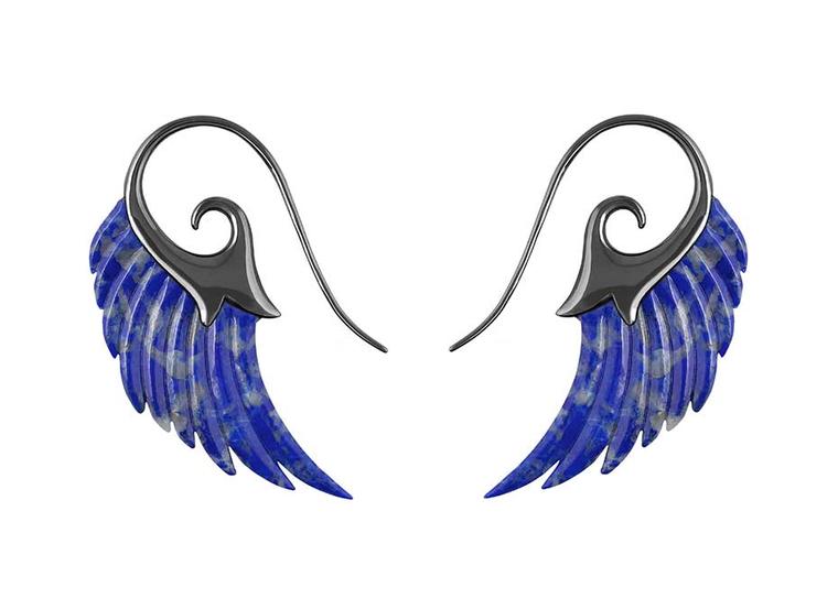 Noor Fares lapis lazuli Wing earrings with blue rhodium finish gold.