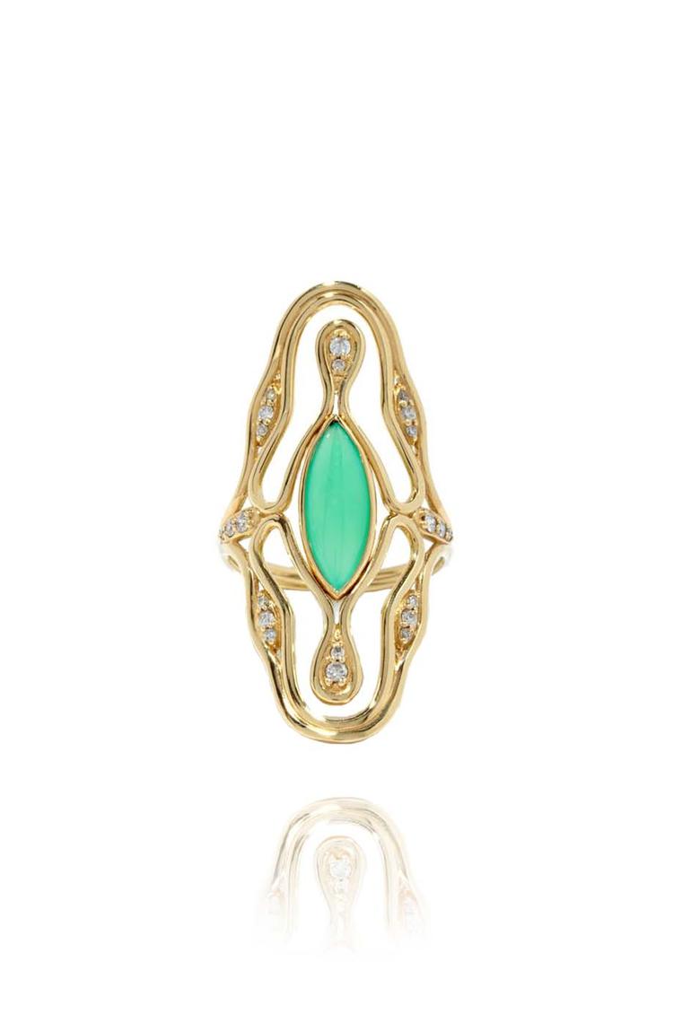 Fernando Jorge Fluid Long yellow gold ring featuring diamonds and chrysoprase.