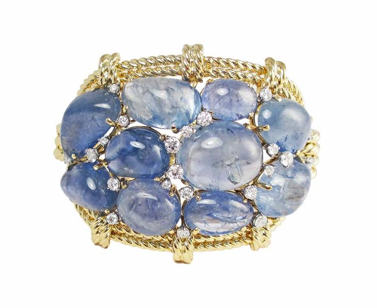 The 75th Anniversary Collection Verdura Basket cuff has been recreated to celebrate an early 1940s archival design by Verdura featuring cabochon sapphires and diamonds surrounded by gold with a woven appearance.