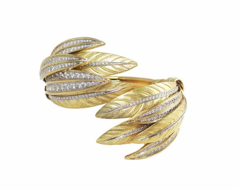 Verdura's 75th Anniversary Collection gold and diamond Feather bracelet was crafted from the same jewellery mold as the Indian Headdress Tiara made for Betsy Whitney in 1956.
