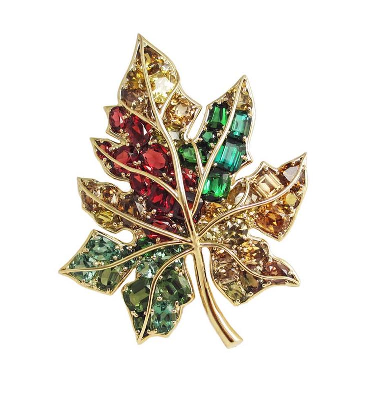 The 75th Anniversary Collection Verdura Leaf brooch was inspired by Verdura's first trip to America, where the legendary designer was immediately inspired by the vibrant coulored leaves of autumn.