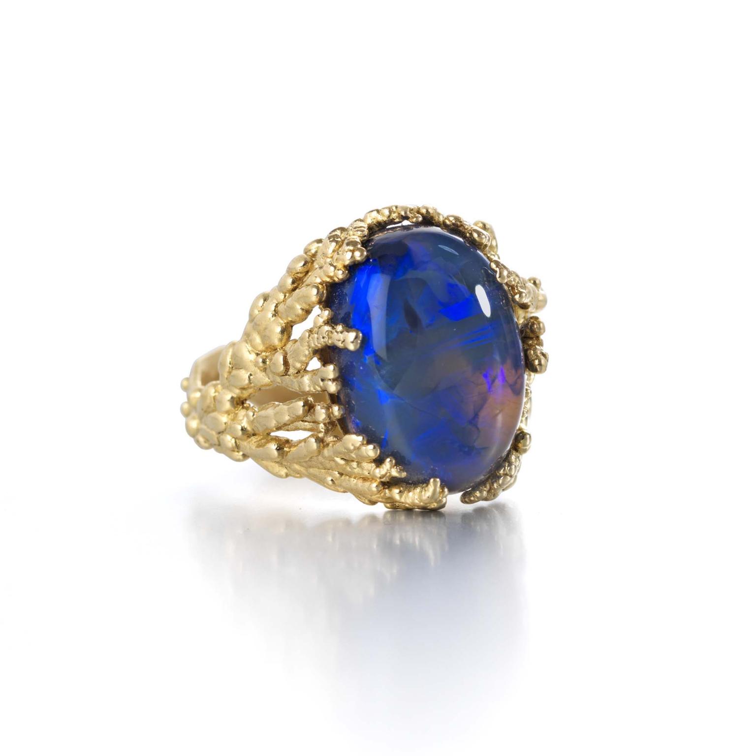 Ornella Iannuzzi Coral Atoll ring in yellow gold, set with a black crystal Australian opal.