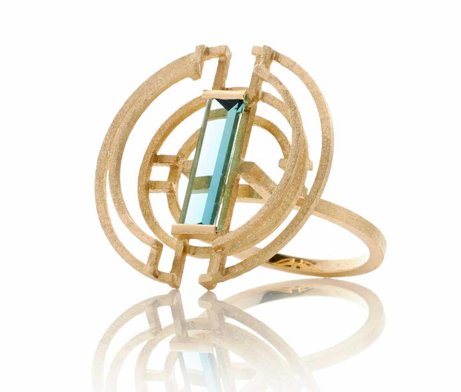 Shimmel and Madden Green Prism ring in yellow gold.