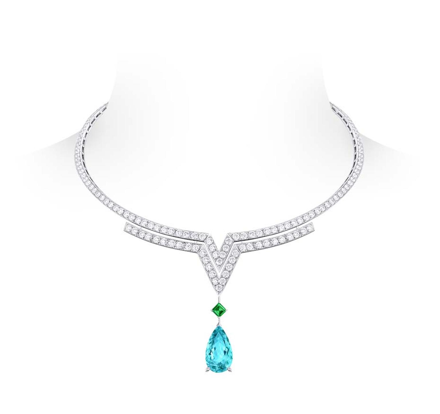 Louis Vuitton Acte V Apotheosis necklace featuring diamonds, an emerald and a pear shaped tourmaline.