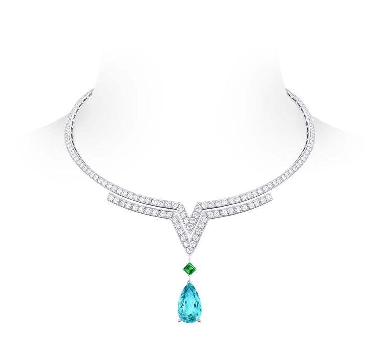 Louis Vuitton Acte V Apotheosis necklace featuring diamonds, an emerald and a pear shaped tourmaline.