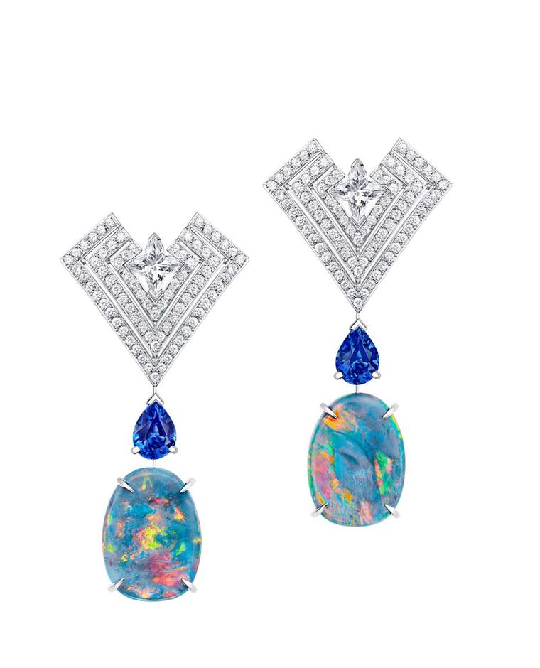Louis Vuitton Acte V Genesis earrings featuring Australian black opals, star-cut diamonds and sapphires.