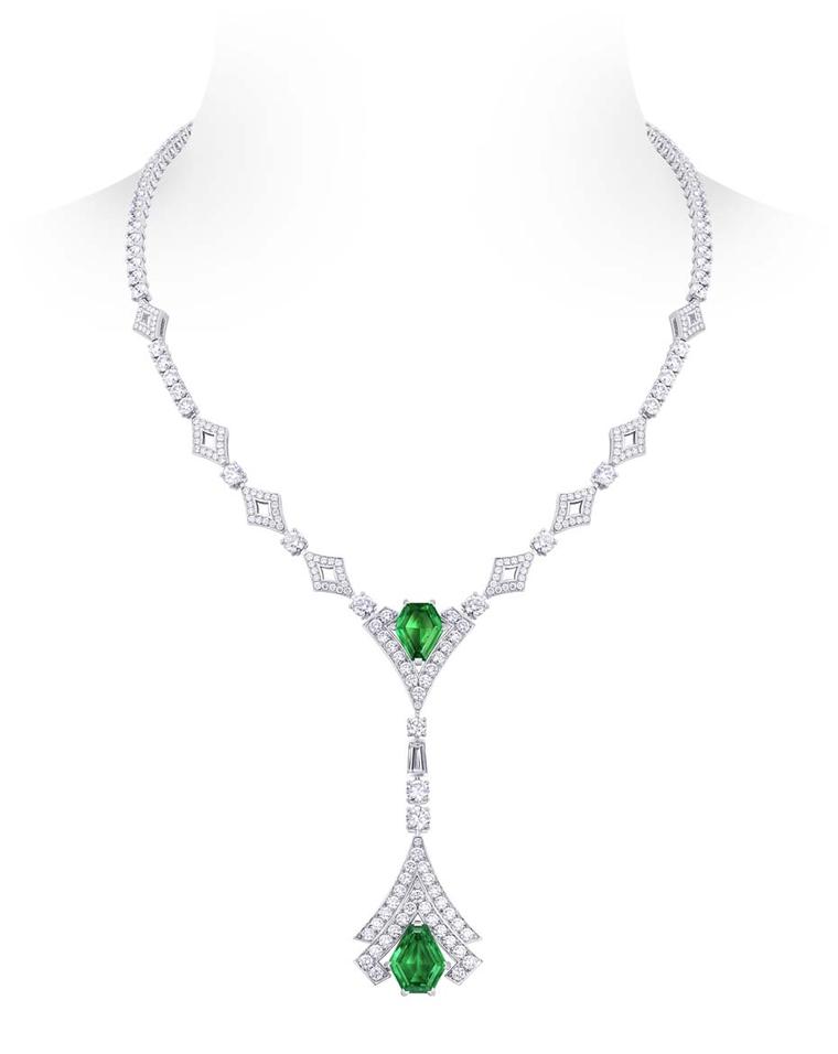 Louis Vuitton Acte V  Metamorphosis necklace featuring Pandjshir emeralds and diamonds.