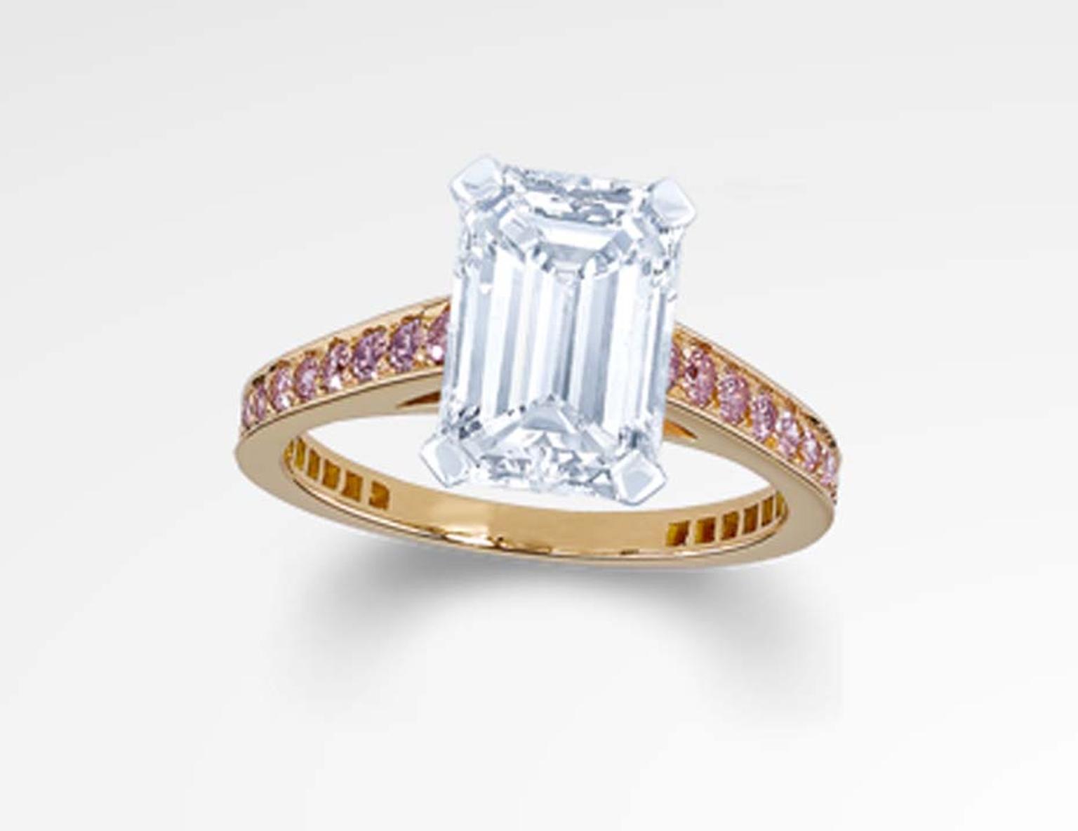 Graff emerald cut engagement ring featuring a rose gold band set with pink pave diamonds.