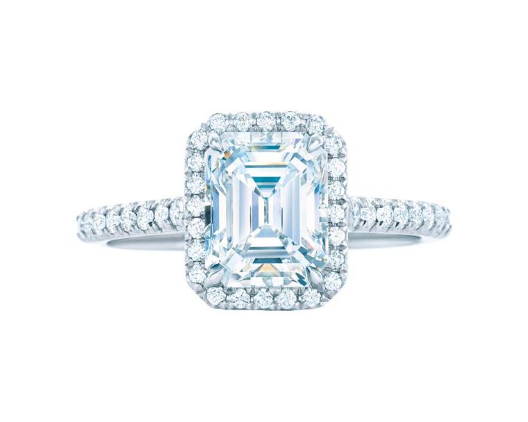 Tiffany Soleste emerald-cut diamond engagement ring featuring bead-set diamonds surrounding the central diamond and encircling the band