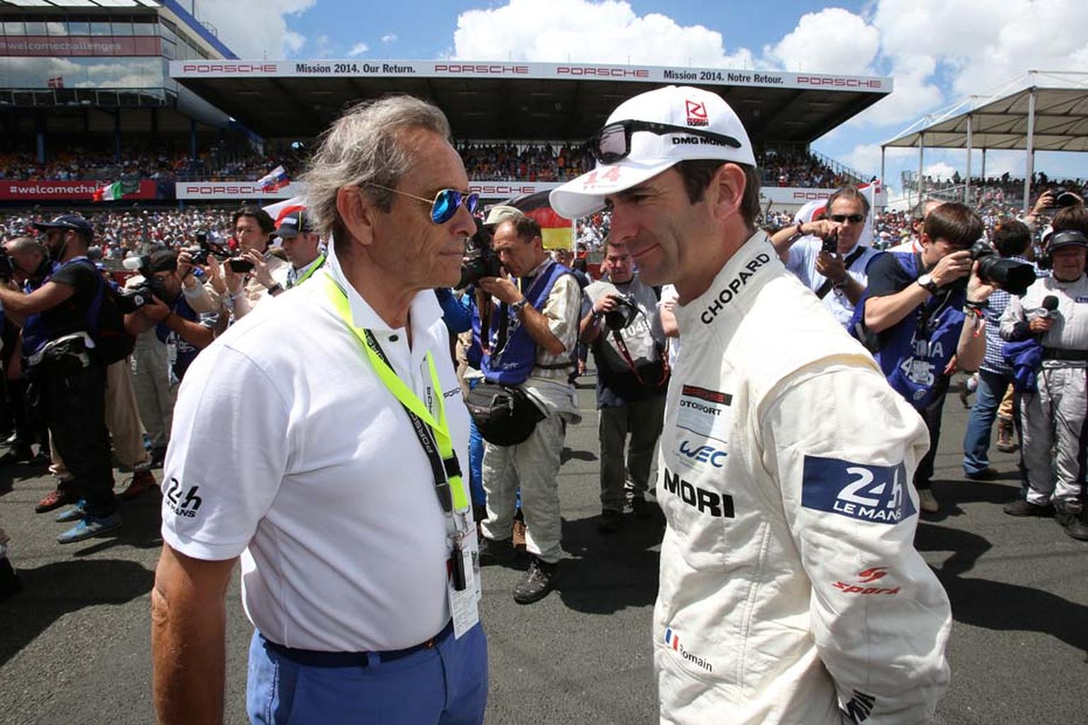 Romain Dumas and Mr Le Mans, aka Jacky Ickx, longstanding Chopard ambassador and six-time winner of the Le Mans race at the wheel of a Porsche, behind the scenes at the 2014 Le Mans race.