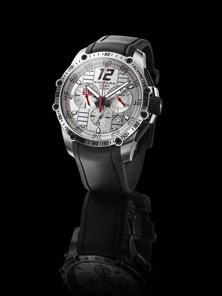 Limited to 919 pieces, the Chopard Superfast Chrono Porsche 919 Edition watch features the red Porsche 919 logo at 9 o’clock.