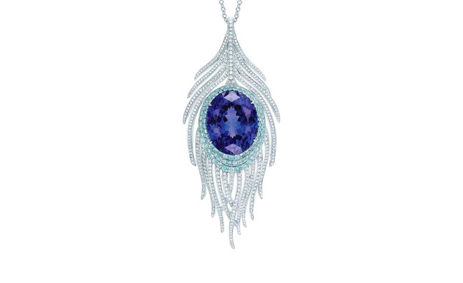Tiffany Peacock pendant featuring diamonds, aquamarines and a central tanzanite.