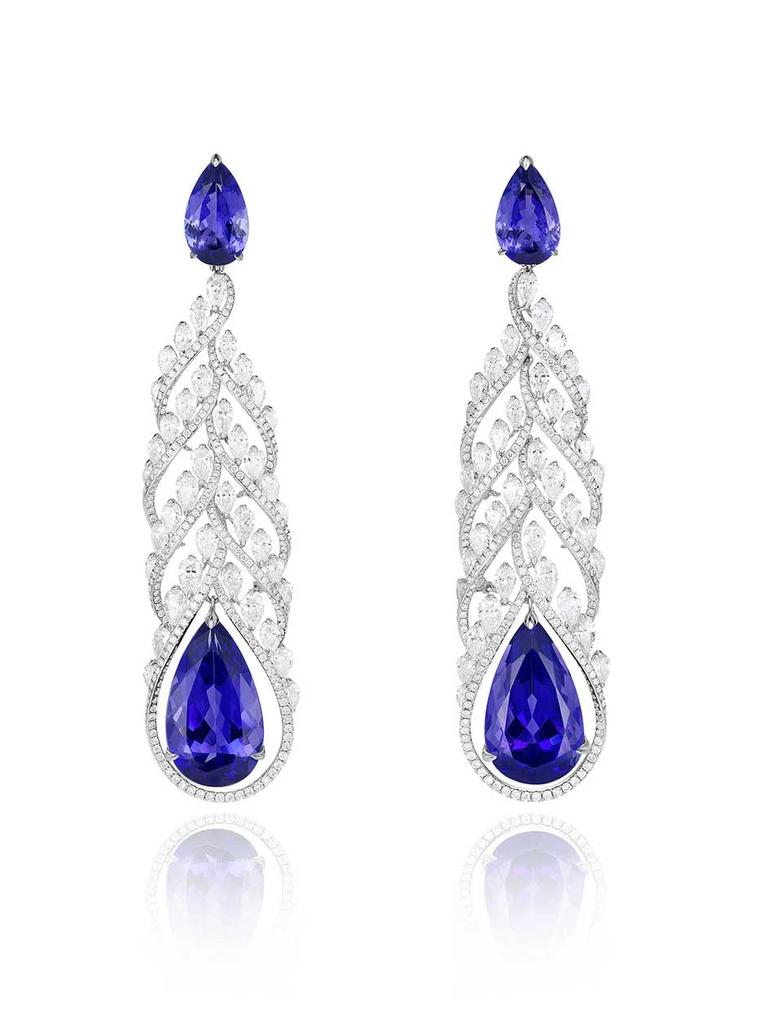 Chopard high jewellery earrings featuring pear shaped tanzanites surrounded by white gold set with diamonds.