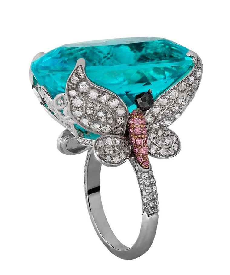 Jacob & Co. tourmaline ring featuring a 48.27ct natural Paraiba tourmaline the colour of a tropical sea, flanked by two butterflies set with white and pink diamonds.