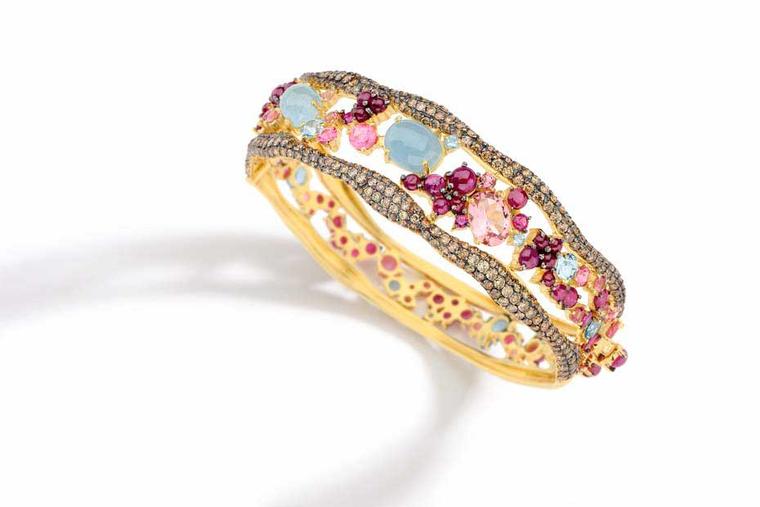 Brumani Baobab collection yellow gold bracelet with brown diamonds, aquamarines, rubies and pink tourmalines.