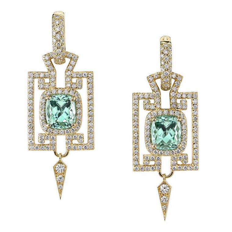Erica Courtney square mint tourmaline earrings in gold with diamonds.