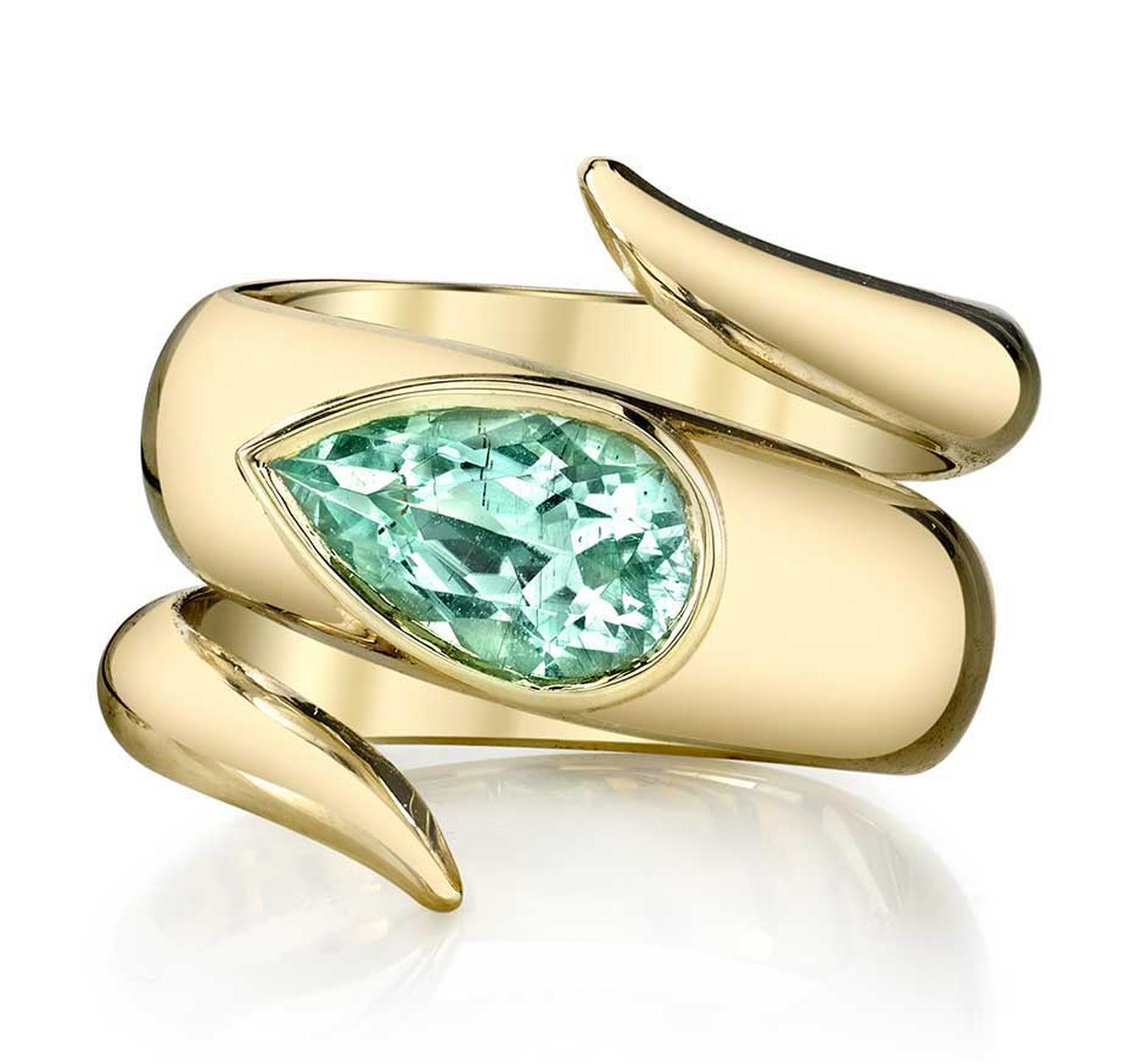 Erica Courtney green tourmaline wrap ring in gold.