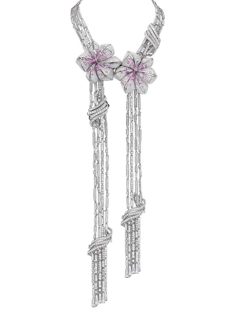 Mellerio dits Meller's Éclats de Lys necklace in grey gold, with white diamonds and pink sapphires, can be transformed into eight different pieces of jewellery: a sautoir with two flowers, a diamond sautoir, a choker, a bracelet, earrings, brooch... whate