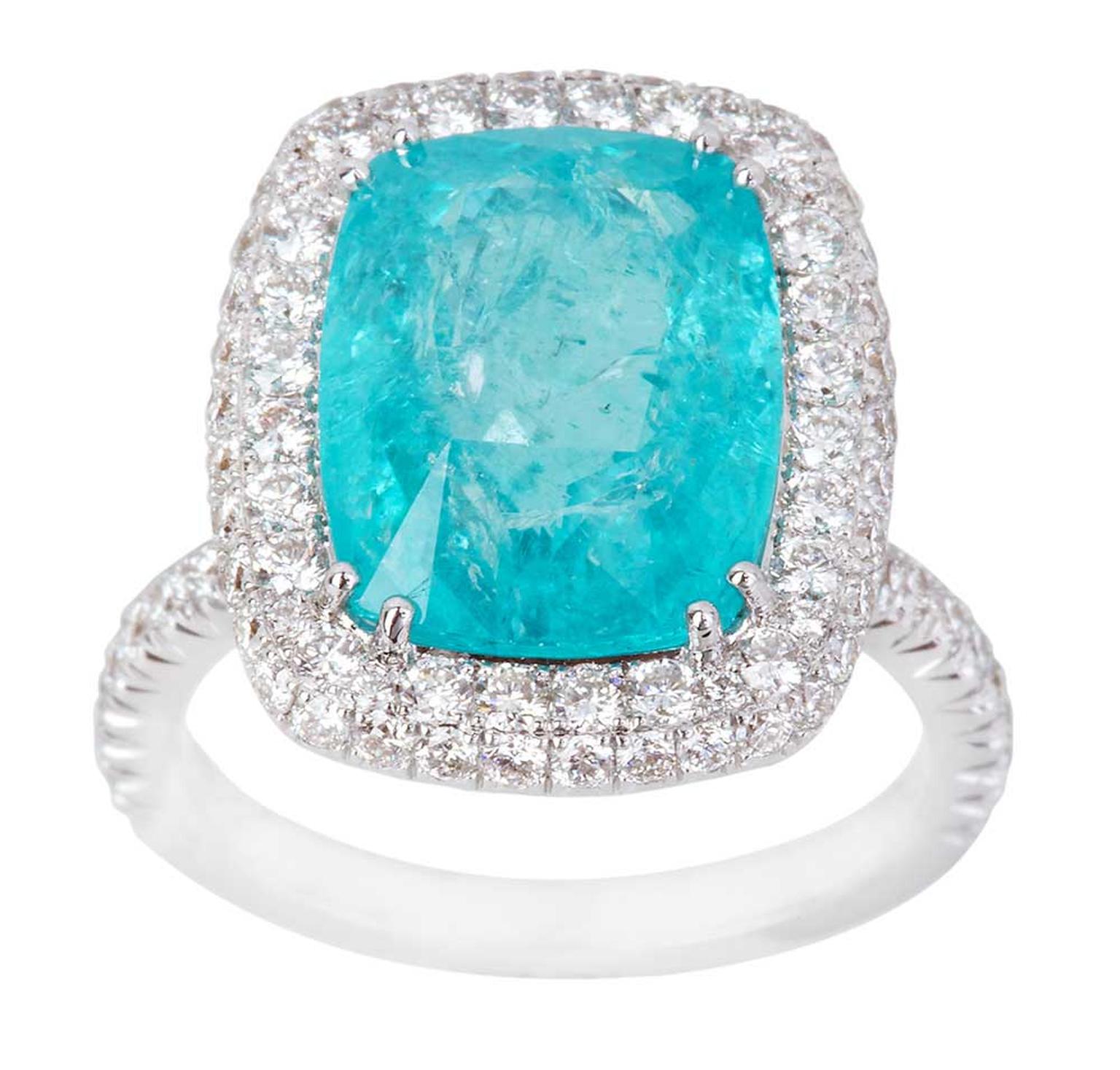 Nourbel & Le Cavelier Paraiba tourmaline ring in white gold with diamonds.