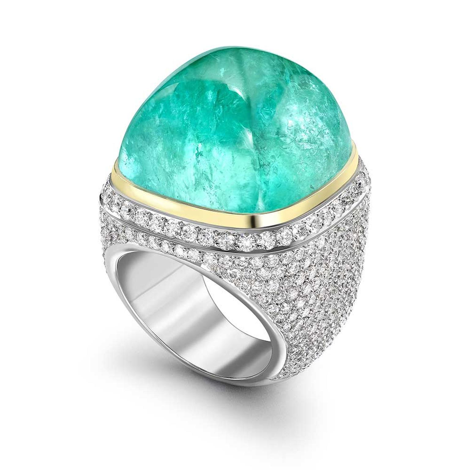 Theo Fennell Mozambique ring in white gold, set with a 61.94ct African Paraiba tourmaline and diamonds.
