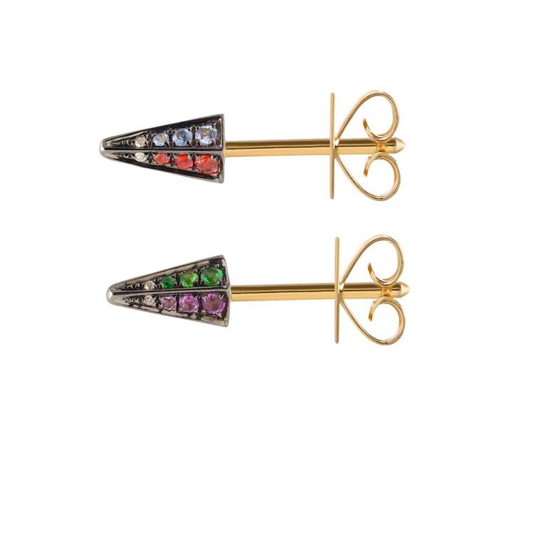 Noor Fares GEO Rainbow stud cone multi-coloured gemstone earrings.