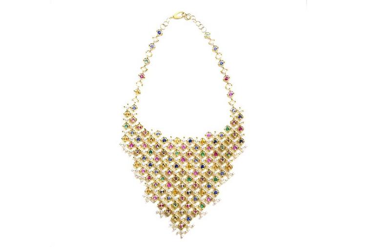 Wilfredo Rosado Bib necklace in gold with emeralds, rubies, sapphires and diamonds, inspired by the artist Cy Twombly and the Moorish architecture of the Alhambra palace.