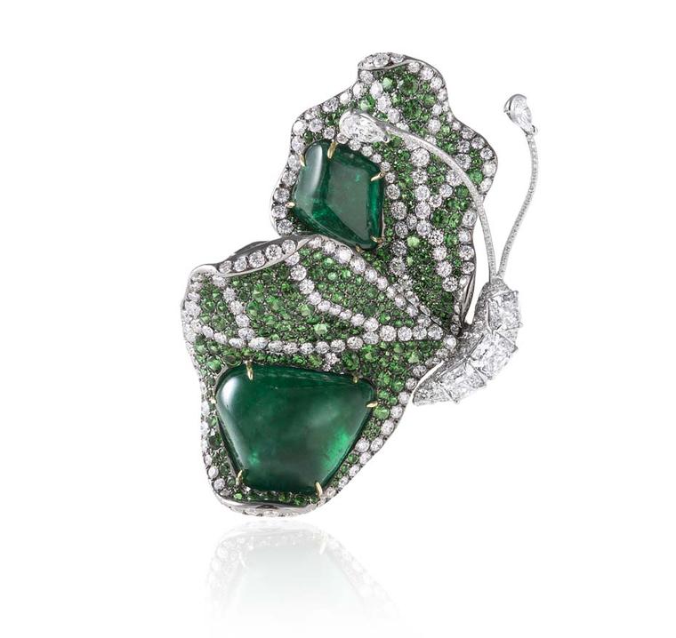 Cindy Chao 10th anniversary White Label collection Butterfly brooch in white gold with emeralds, tsavorites and diamonds.