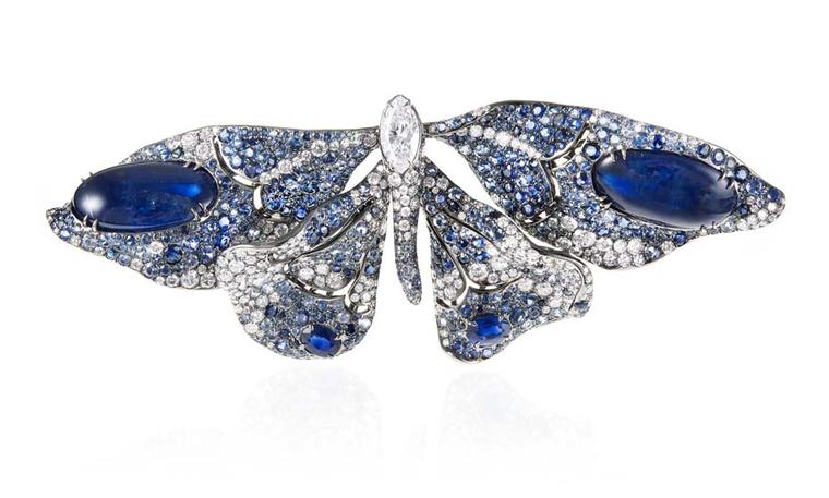 Cindy Chao 10th anniversary White Label collection Butterfly brooch in white gold with sapphires and diamonds.