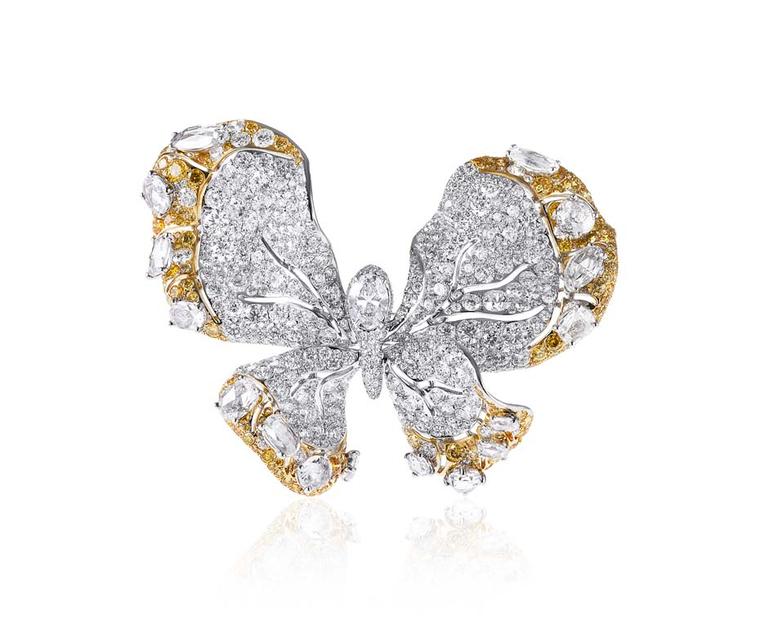 Cindy Chao 10th anniversary White Label collection Butterfly brooch in white gold with yellow and white diamonds.