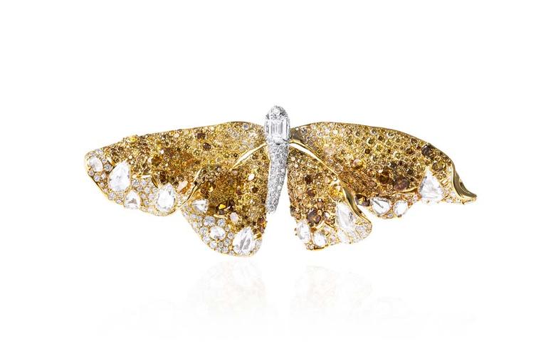 Cindy Chao 10th anniversary White Label collection Butterfly brooch in yellow gold with yellow and white diamonds.