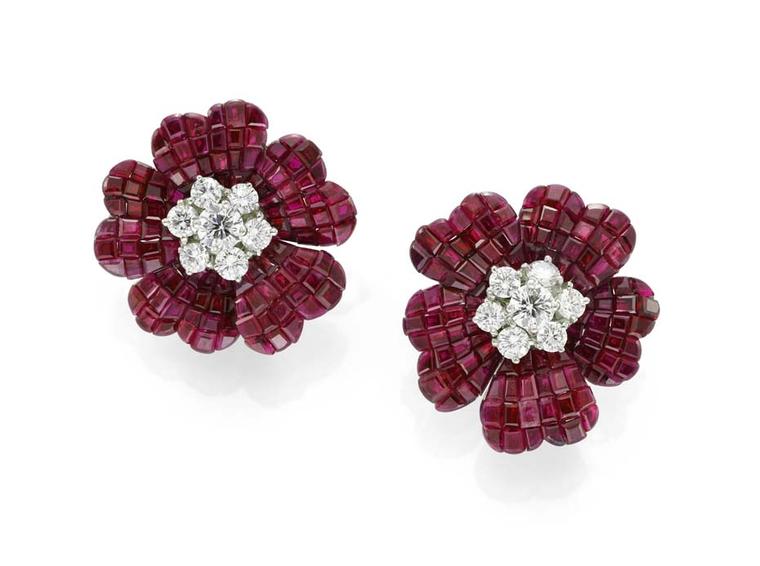 Invisible set ruby and diamond “pavot” earrings by Van Cleef & Arpels, available at Simon Teakle.