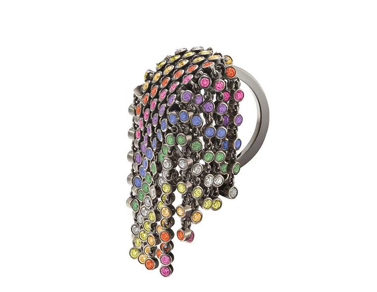 Solange Azagury-Partridge Rainbow Fringe ring with coloured diamonds and sapphires.