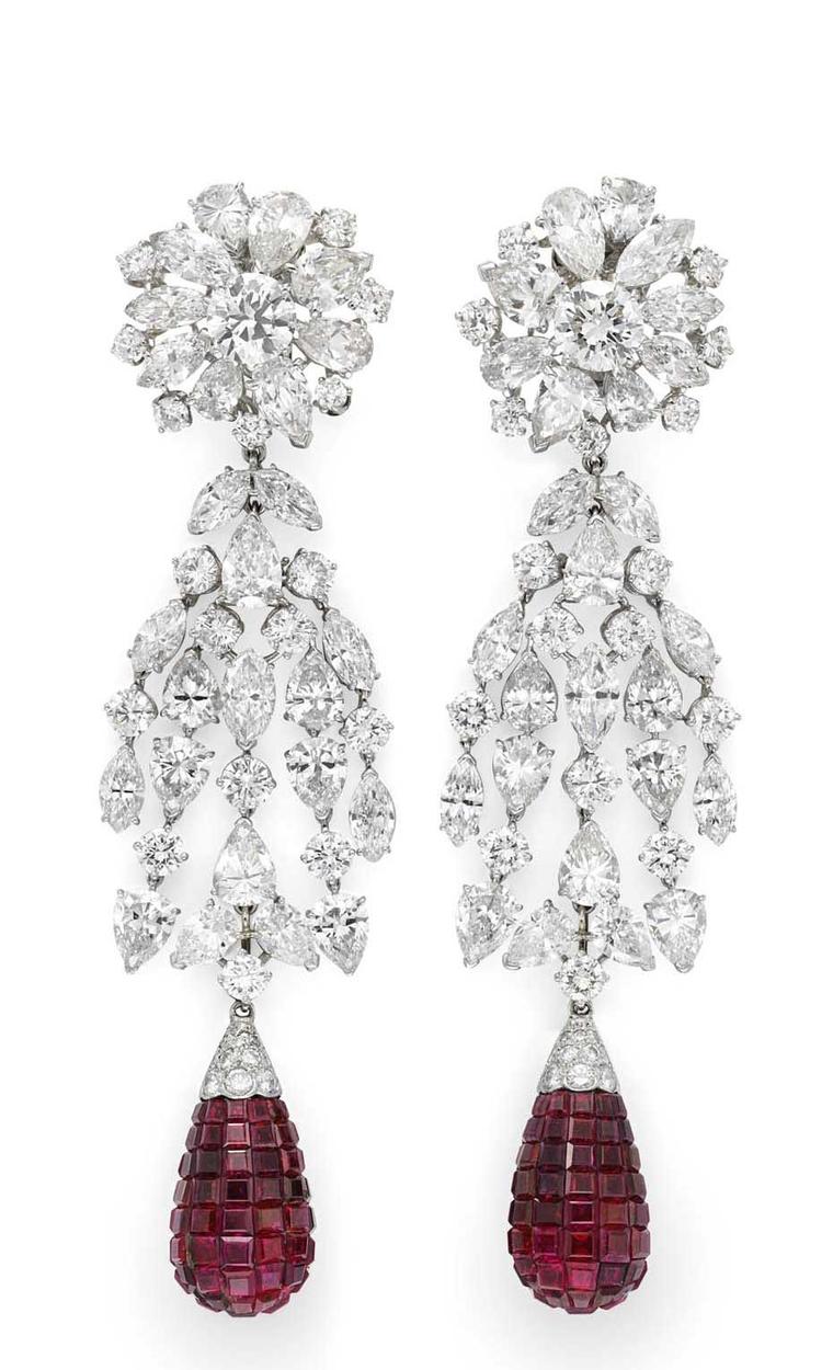 A pair of vintage invisible set ruby and diamond cascade earrings by Van Cleef & Arpels, available at Simon Teakle.