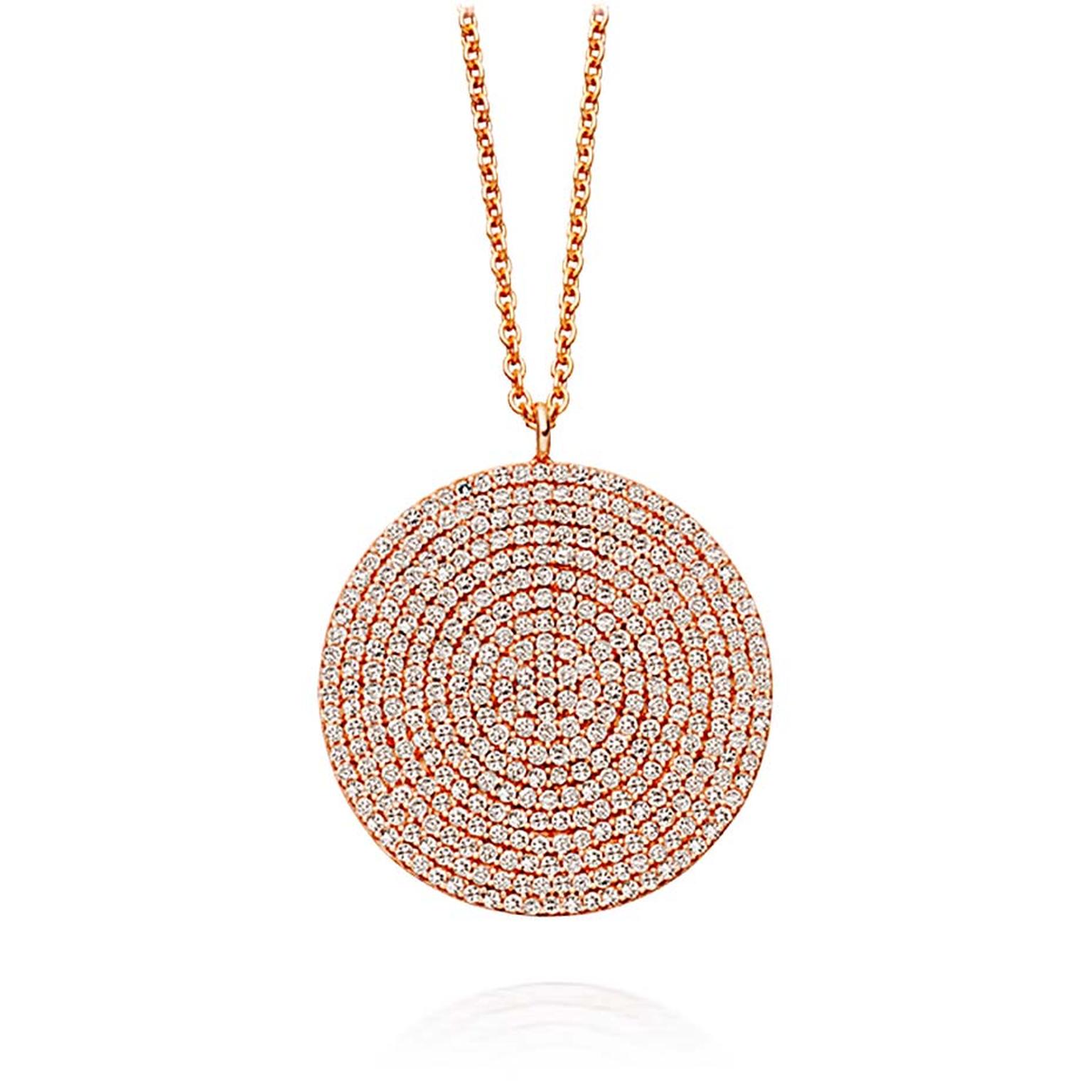 Astley Clarke Muse collection large Icon necklace in rose gold with silver grey diamonds, which has an open setting at the back to enable light to flow through.