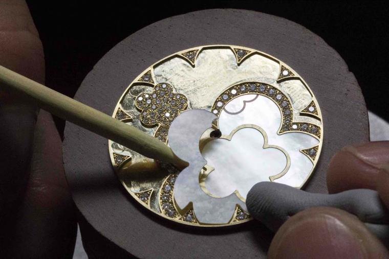 Blossom motifs on the mother-of-pearl watch dial are picked out in diamonds and gold on Boodles' new Blossom watch.