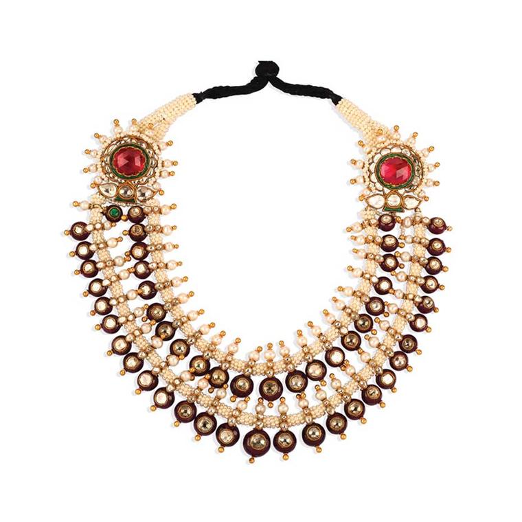 Golecha two row necklace with uncut diamonds, pearls, rubies and emeralds.
