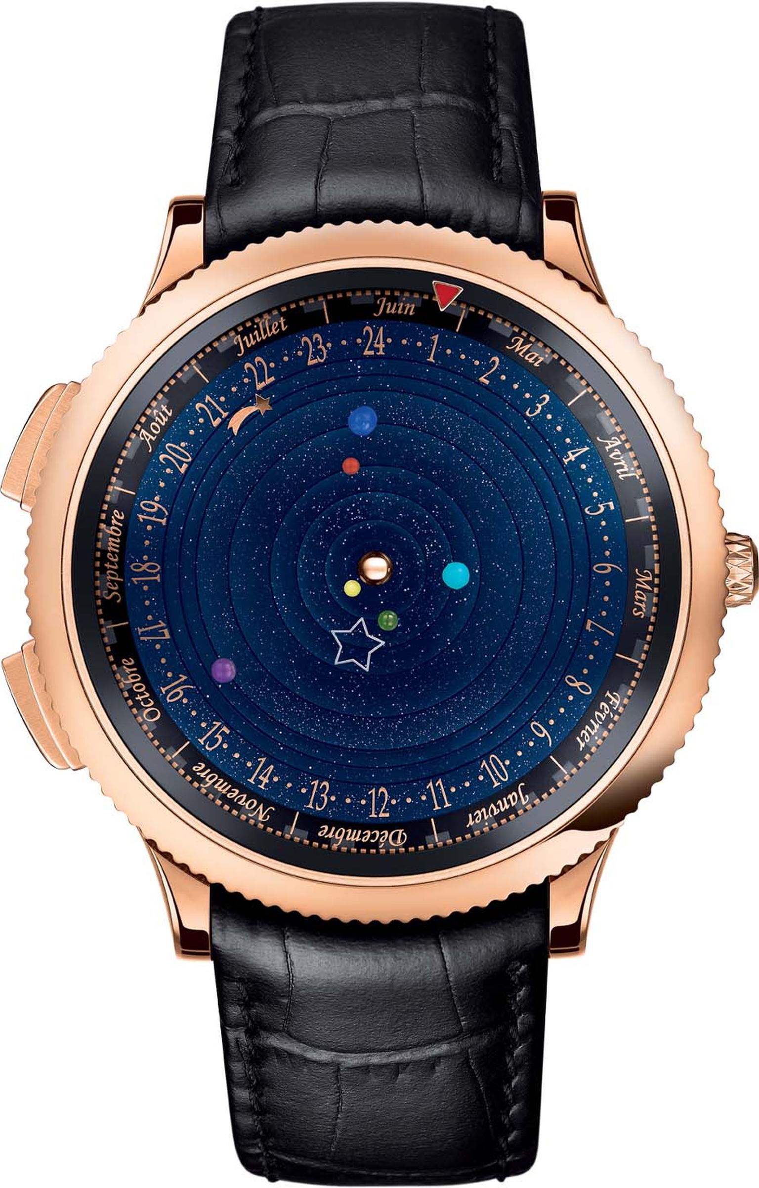Van Cleef & Arpels' Midnight Planétarium watch features an aventurine dial with six tiny spheres representing six planets that rotate at different speeds, with Saturn taking 29 years to complete its rotation.