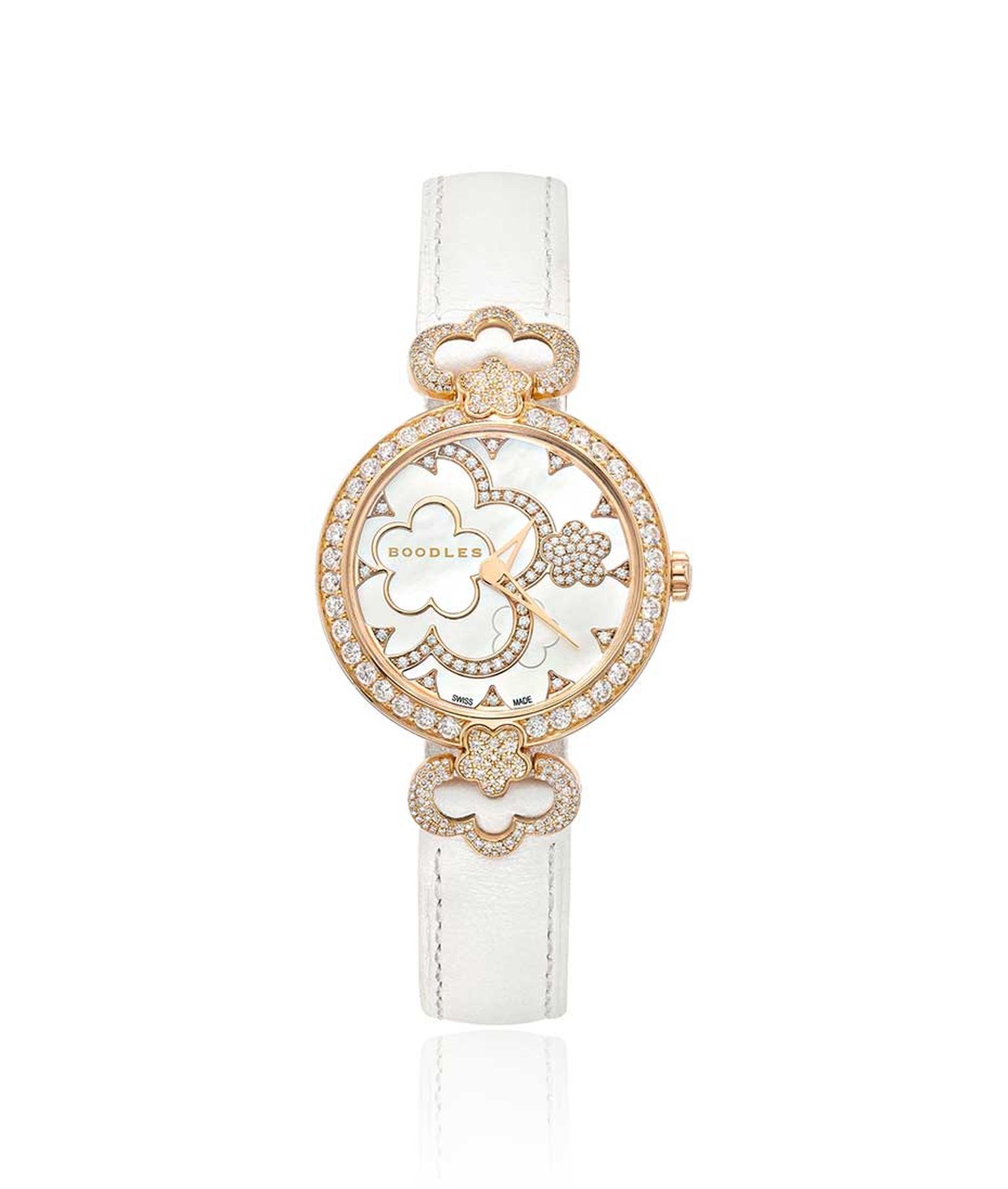 Boodles 28mm Blossom watch in rose gold with diamonds and a mother-of-pearl dial.