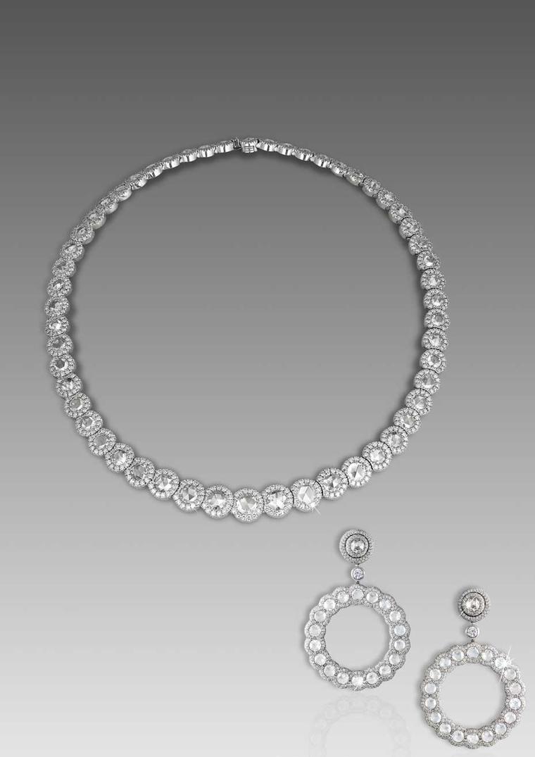 David Morris Rose-cut collection diamond necklace and earrings with rose-cut diamonds, set in white gold.