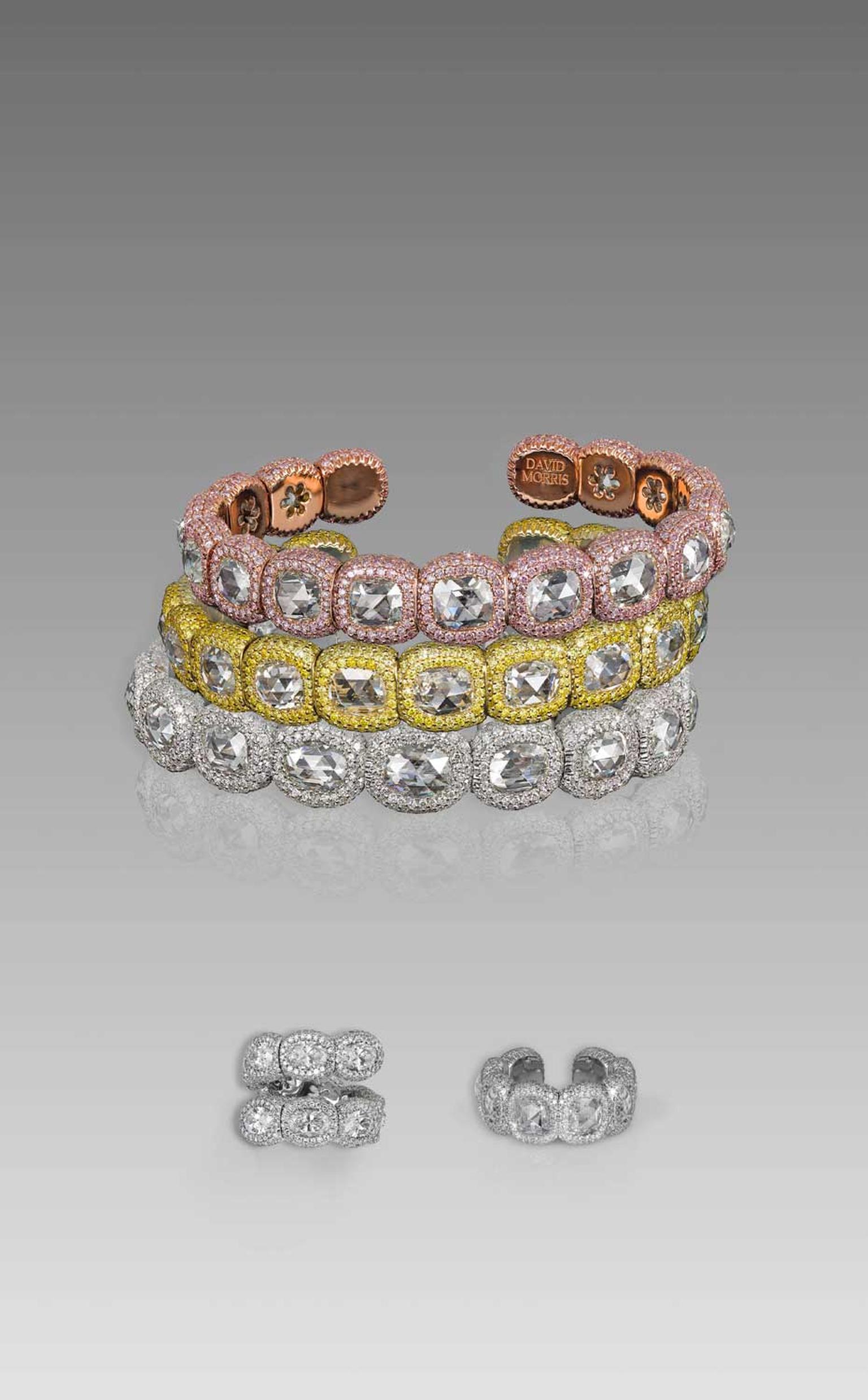 The newest jewels in David Morris' Rose-Cut collection include bangles and rings in either white gold with white micro-set diamonds, yellow gold with yellow micro-set diamonds, or rose gold with pink micro-set diamonds, all set with rose-cut diamonds.